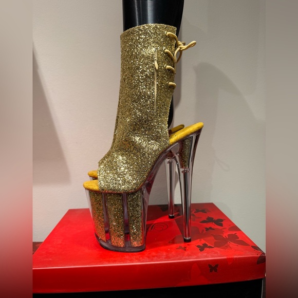 Pleaser Flamingo 1018G Gold Glitter Open Toe Lace Up back Size 7 - Picture 6 of 10